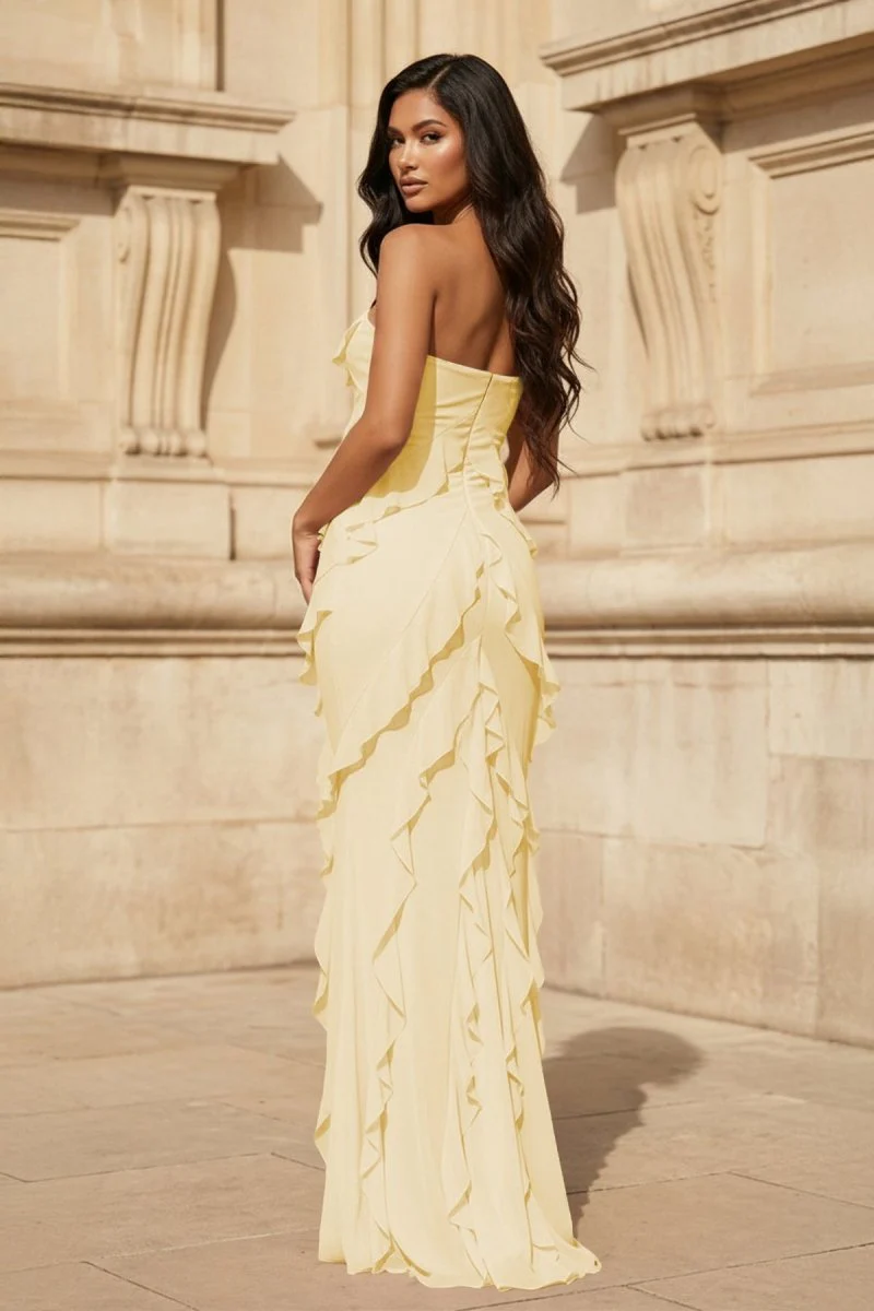 Pink - Sheath Strapless Chiffon Long Prom Dresses With Ruffles