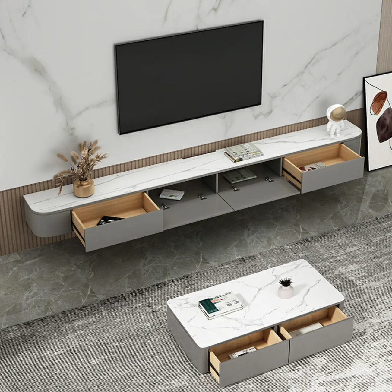 Modern Solid Wood Floating TV Stand with Drawers
