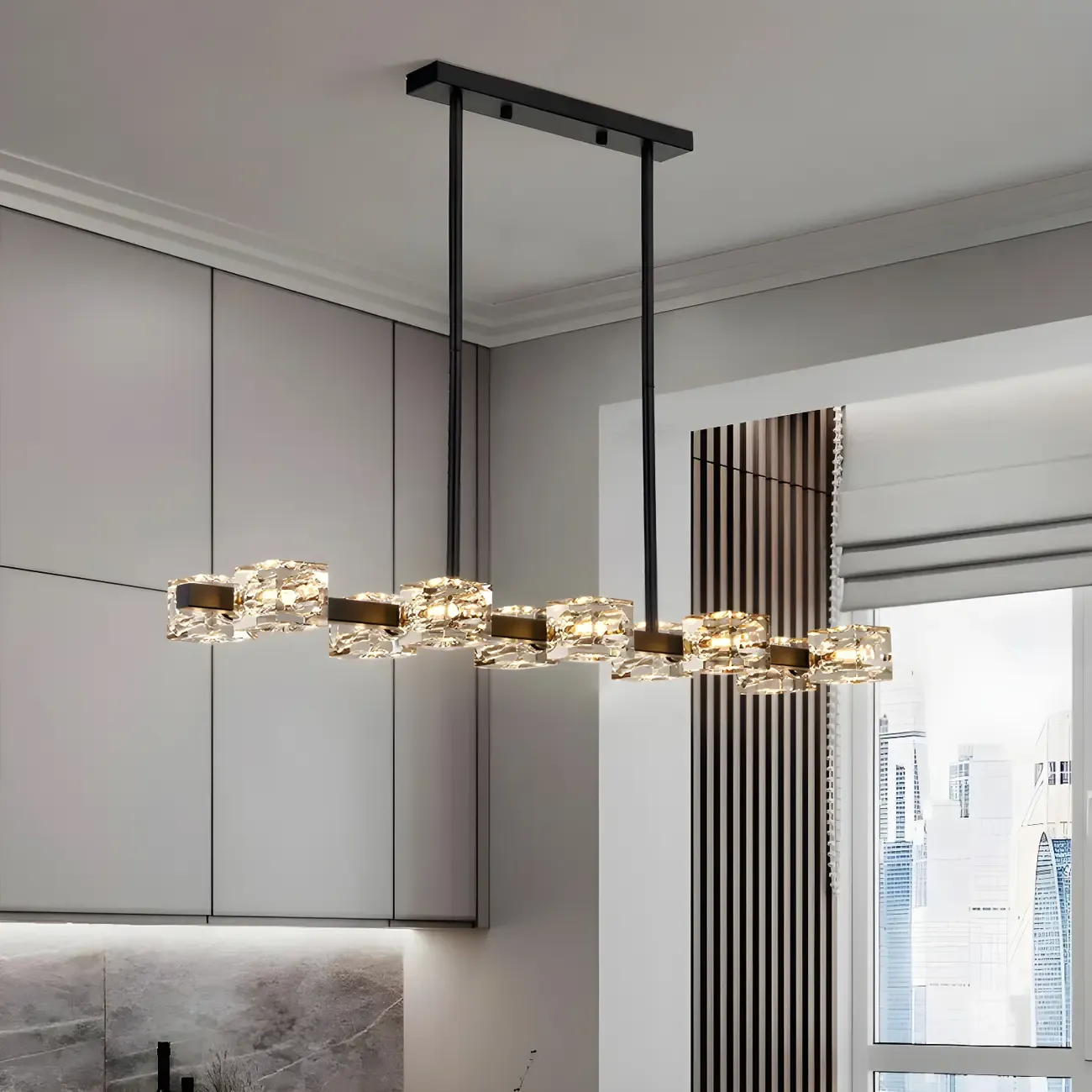 Adjustable Gold/Black Rectangle Crystal Island Chandelier