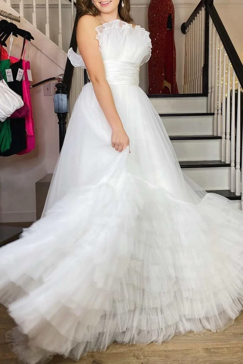 A-Line Strapless Pink Tiered Long Tulle Prom Dress