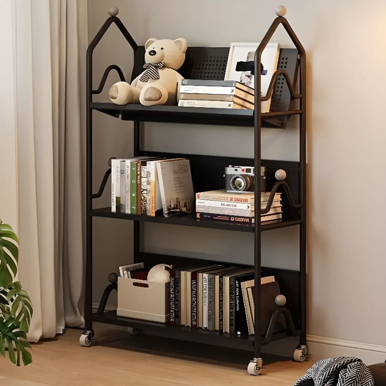 Modern Minimalist White/ Black 3-Tier Metal Rolling Bookshelf