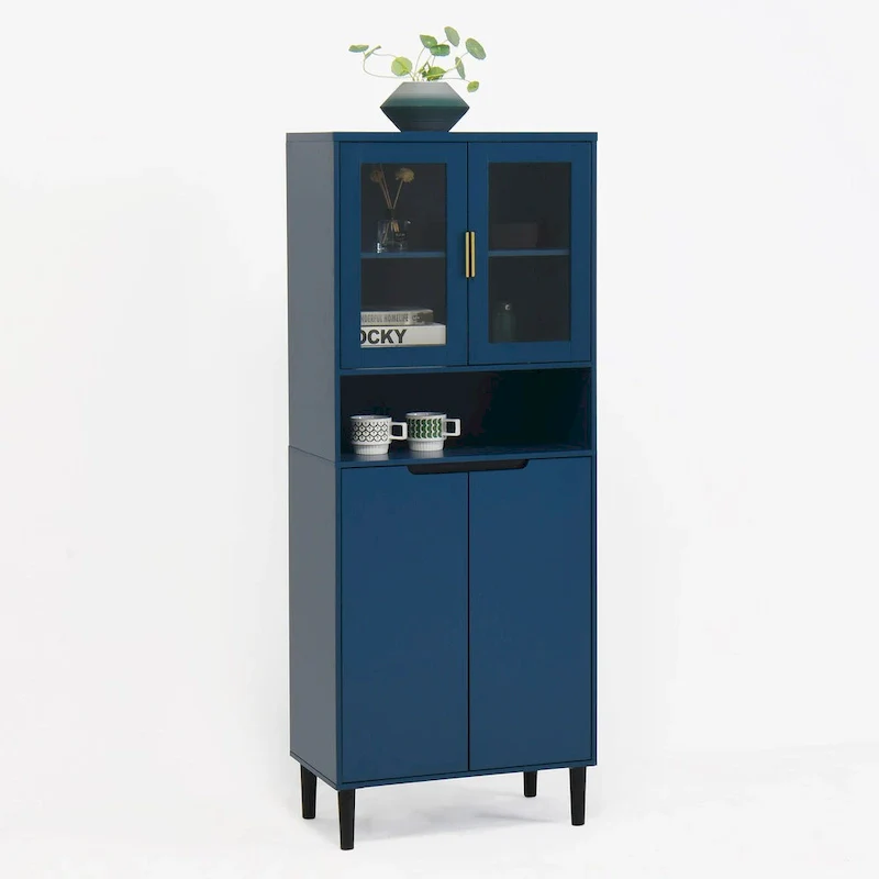 Green/Blue/White Tall Storage Cabinet with Glass Doors, 2-Person Use
