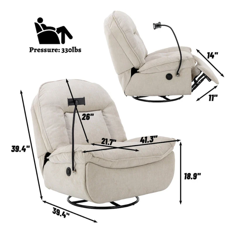Adjustable Swivel Chenille Recliner with Phone Holder