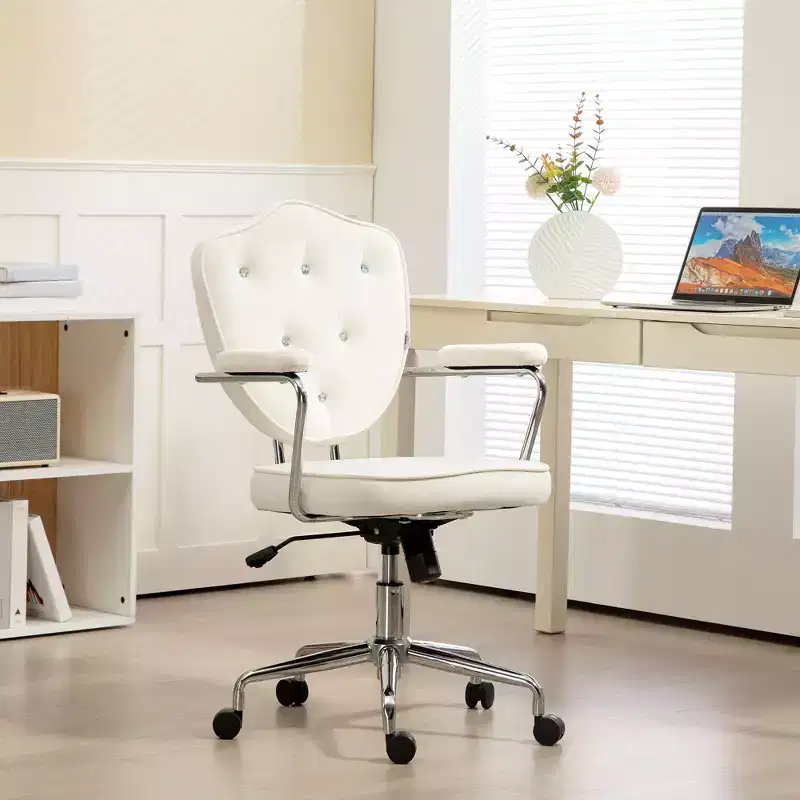 HOMCOM Cute Office Chair, Velvet-feel Fabric Computer Vanity Chair with Button Tufted, Swivel Desk Chair