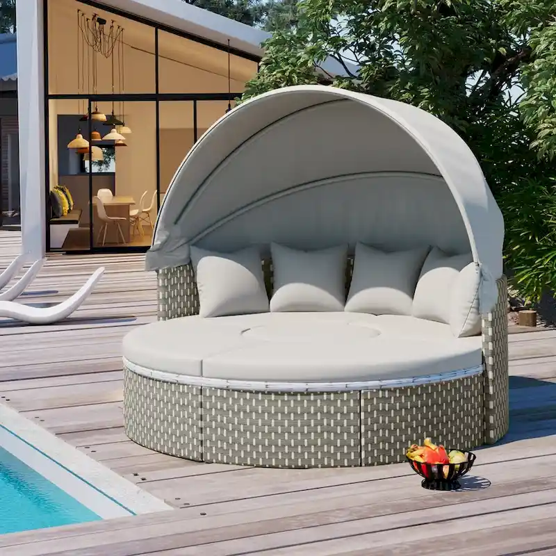 Outdoor Rattan Daybed Two-Tone Weave with Retractable Canopy and Removable Cushion