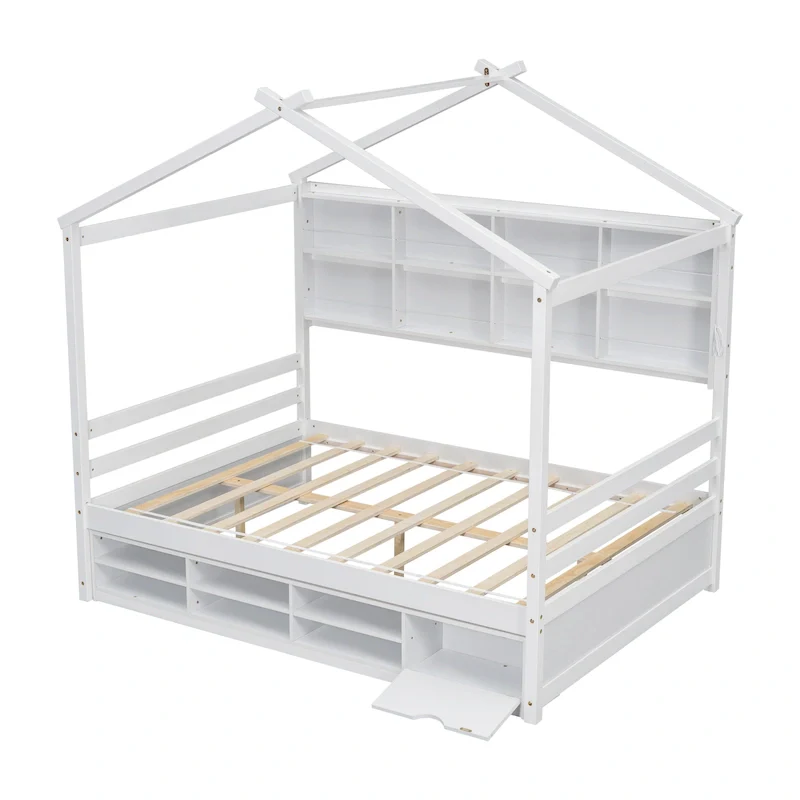 House-Shaped Kids Full Bed with Under-Bed Storage – White / Natural / Grey