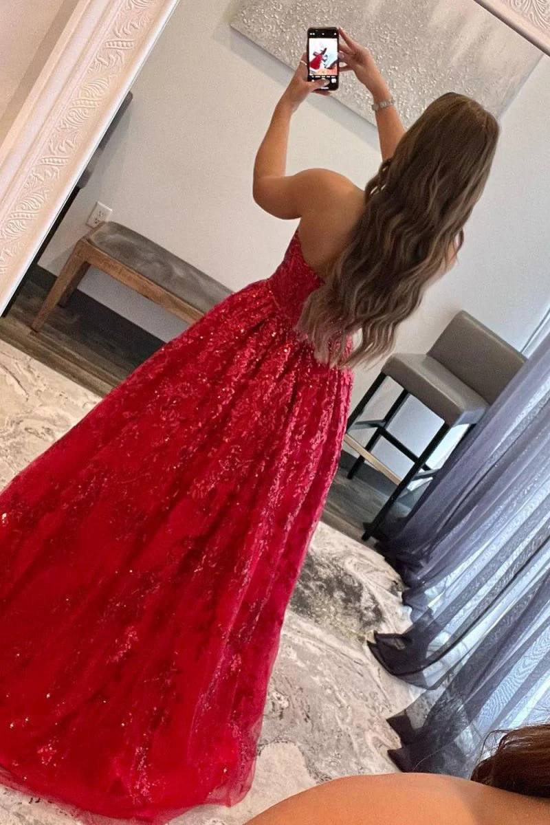 A-line Sequined Lace Long Prom Dress with Pockets