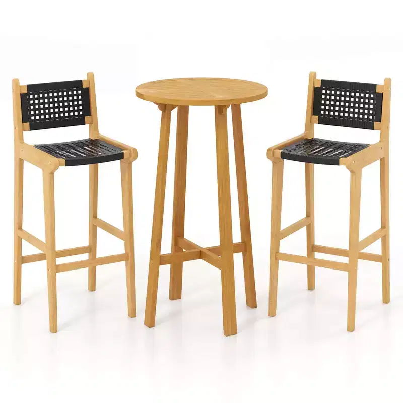 Costway 3 PCS Patio Bar Set Round Cocktail Table with 2 Armless Rattan Bar Stools