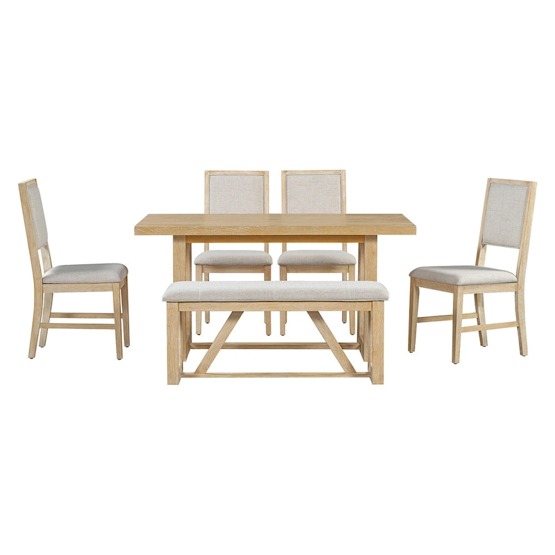 6 Piece Dining Table Chair Set, Wooden Kitchen Furniture Set with Acacia Wood Rectangular Table, 4 Chairs and 1 Bench