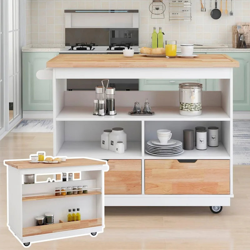 Wood Rolling Kitchen Island with 2 Drawers and 3 Open Compartments