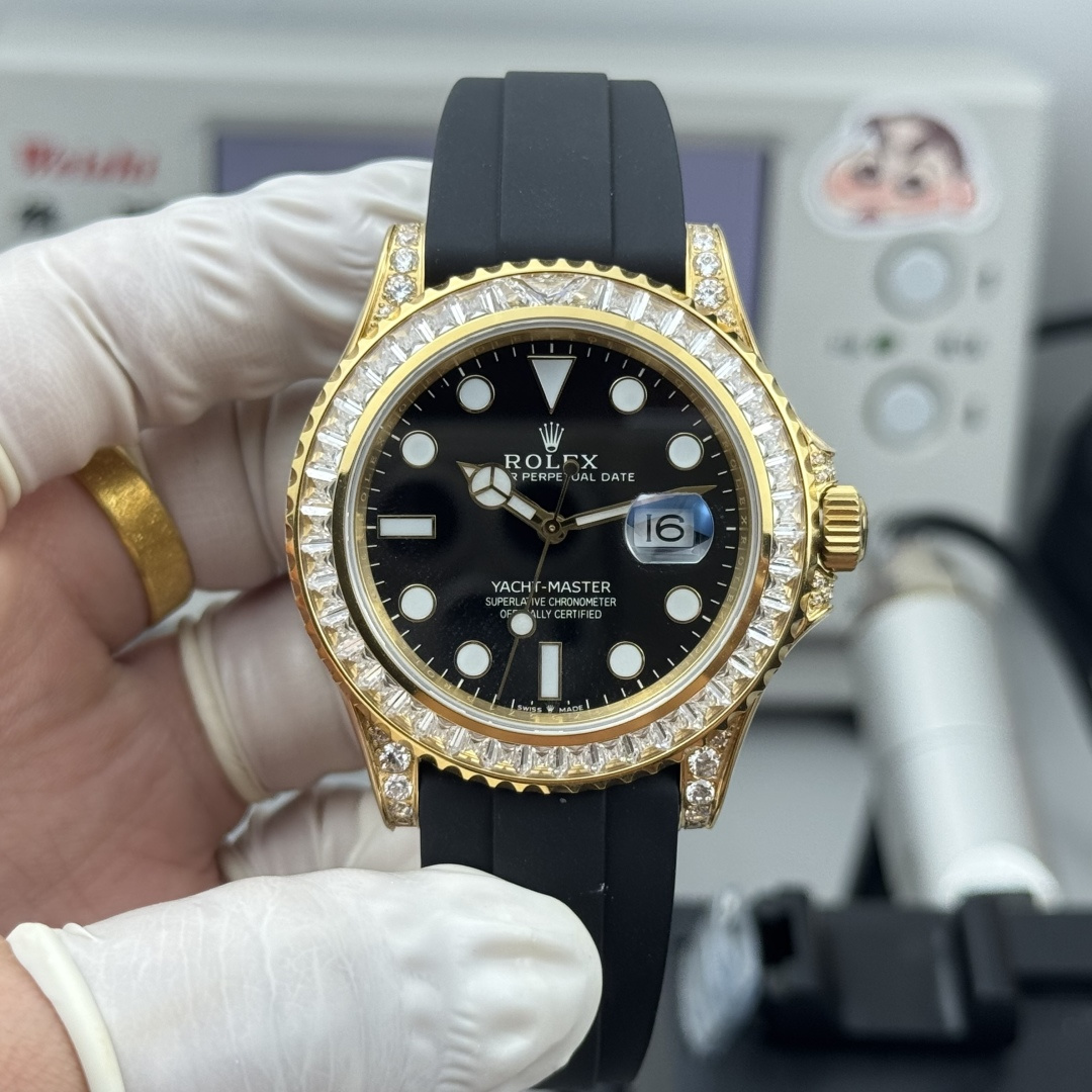 full front view gold Rolex-style Yacht-Master on black Oysterflex strap