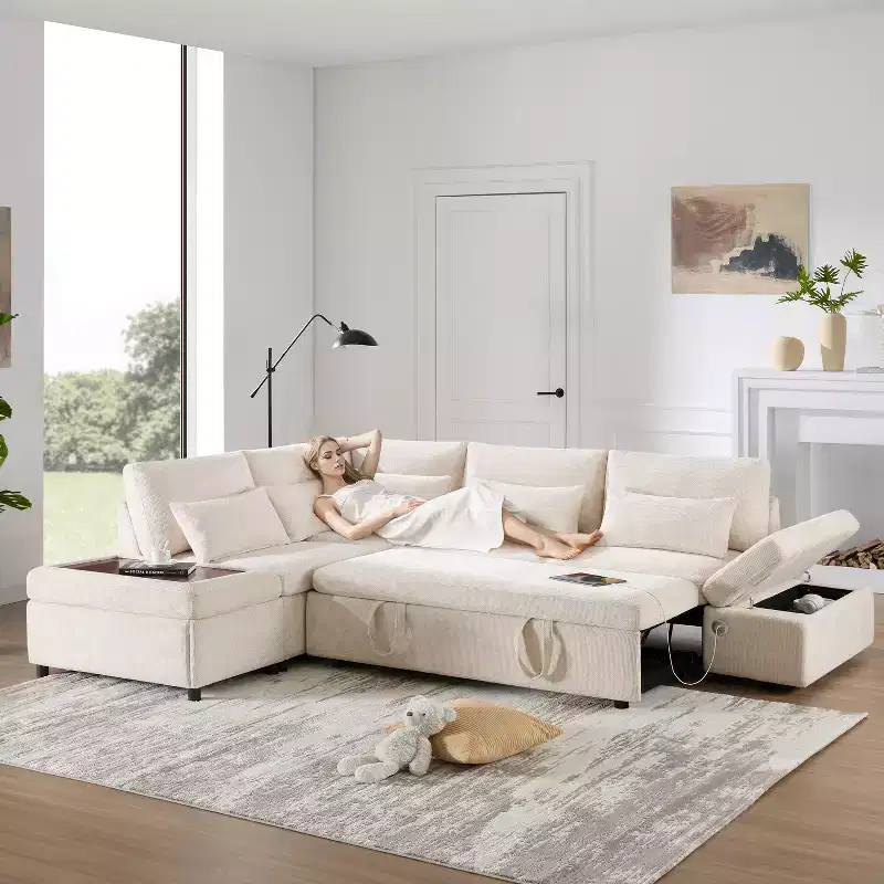 GDFStudio Nathan Modern 107 Chenille L-Shaped Pull-Out Sectional Sofa with Storage Ottoman and Adjustable Armrest Console with Charging Ports