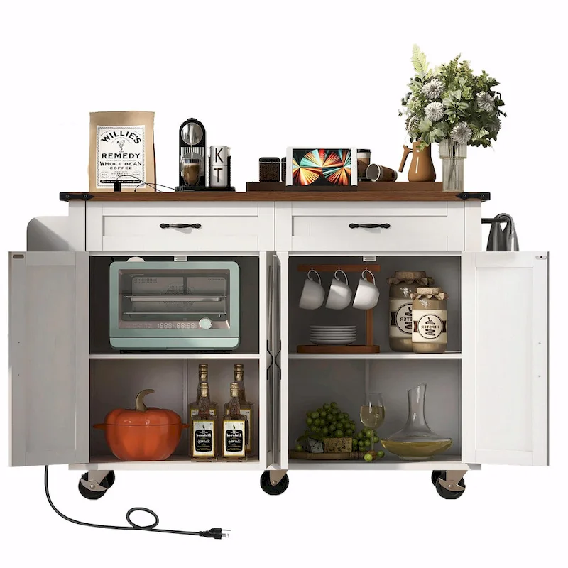53.5 Farmhouse Kitchen Island - Power Outlet, Drop Leaf, Spice Rack, Drawer, Rolling Cart on Wheels