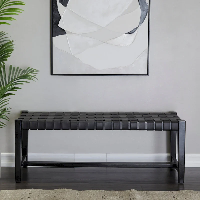 Black Woven Leather Bench, 2-Seat