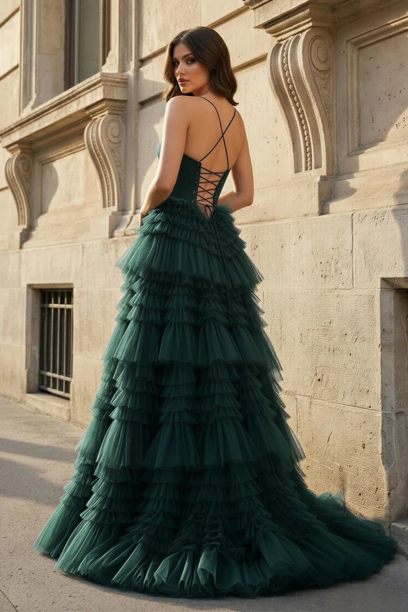 Dark Green Sweetheart Ruffle Tiered Tulle Long Prom Dresses with Slit