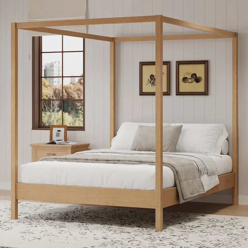 White Four-Poster Canopy Bed Frame with Wood Slats, Queen / King
