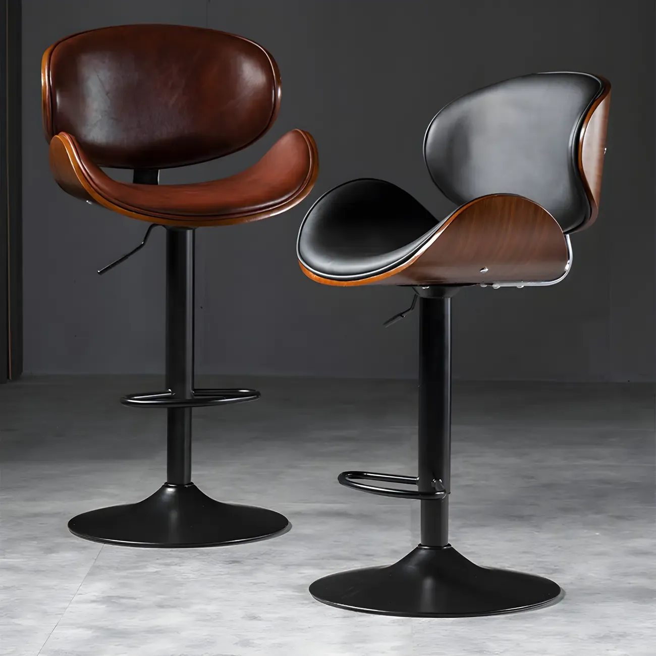 Modern Adjustable Leather Swivel Bar Stools with Backs