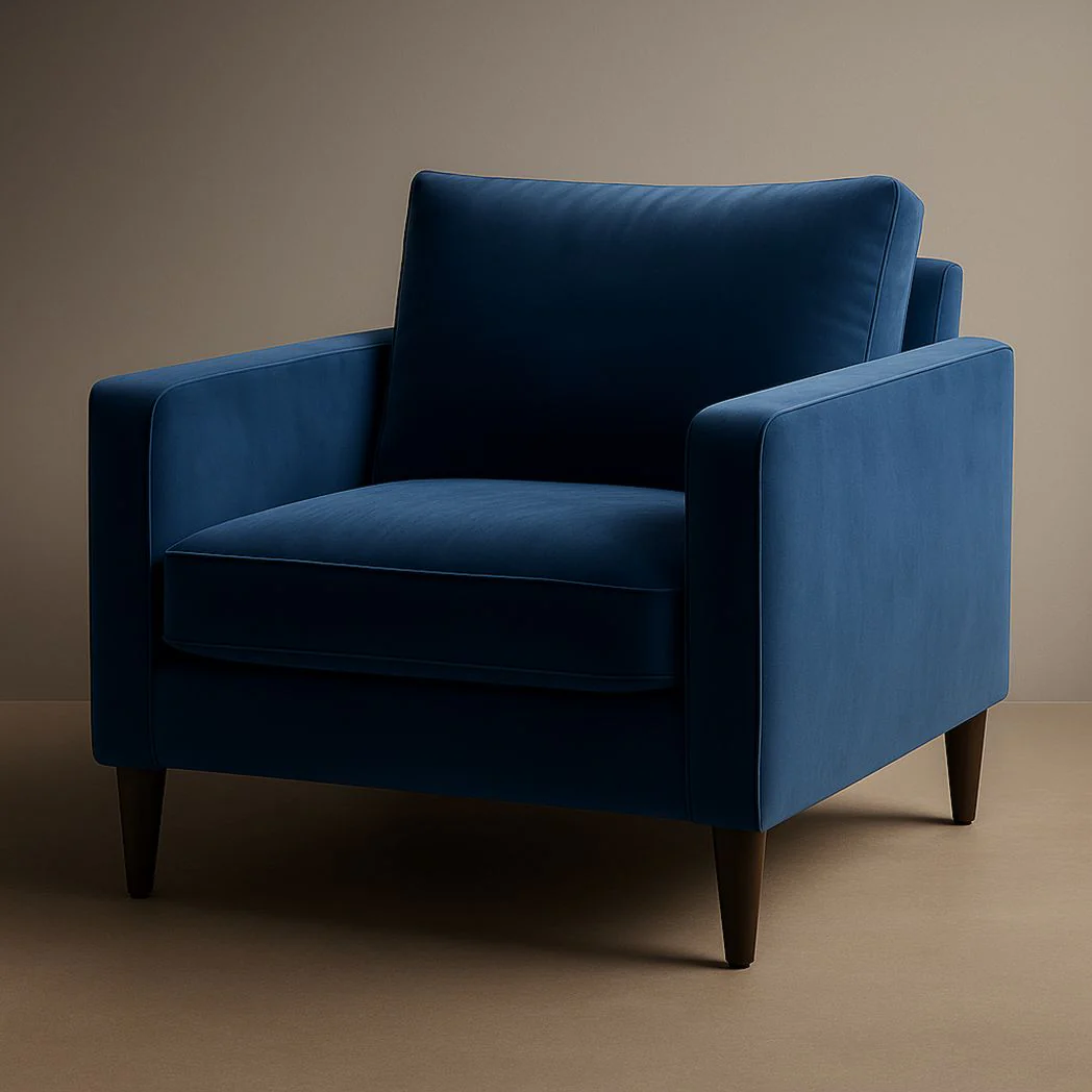 Fauteuil en Velours Bleu avec Pieds en Bois