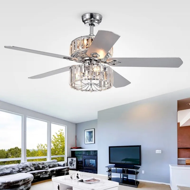 Perris 52-Inch 5-Blade Chrome Lighted Ceiling Fan with 2-Tier Crystal Shade Optional Remote (2 Color Option Blades)