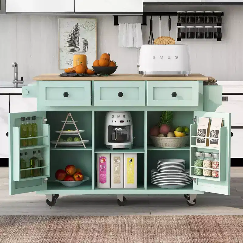 Whisen Modern Kitchen Island with Spice Rack and Towel Holder
