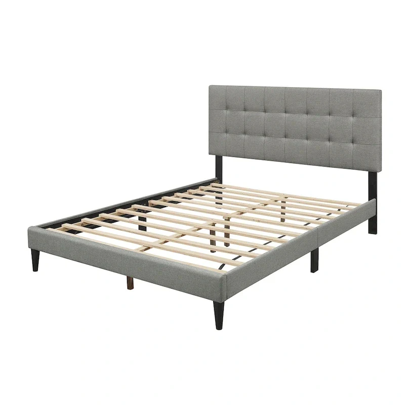 Beige / Light Grey / Black Linen Upholstered Platform Bed with Square Stitching Headboard – Twin / Full / Queen / King