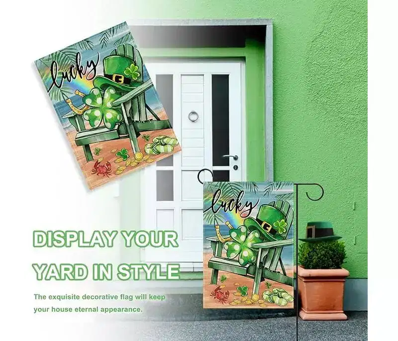 Lomsoe St Patricks Day Garden Flag Green Shamrocks Yard Flag Coastal Sea Welcome Garden Sign St Patricks Day Gift Decor Single Side 12x18Inch