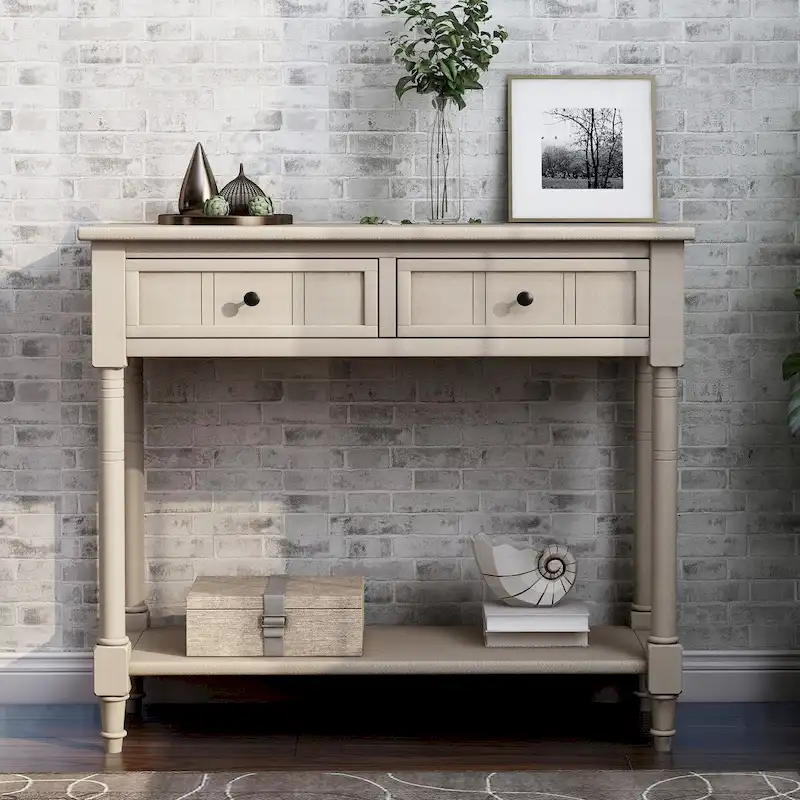 2-Drawer Console Table with Bottom Shelf – Antique Gray | Espresso | Retro Blue | Ivory | Navy