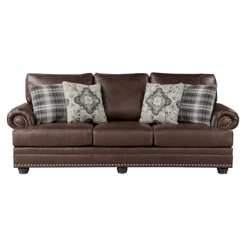 Jade 98 Inch Sofa, Rich Brown Microfiber, 4 Pillows, Soft Cushions, Wood