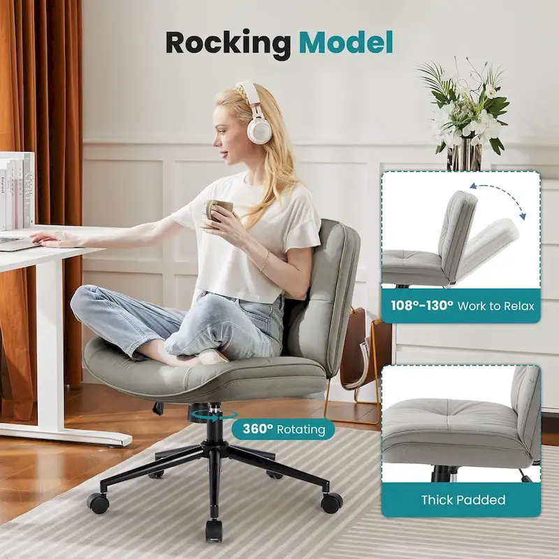 Khaki / Beige / Black PU Leather Armless Desk Chair with Wheels, 360° Swivel, Single Seat