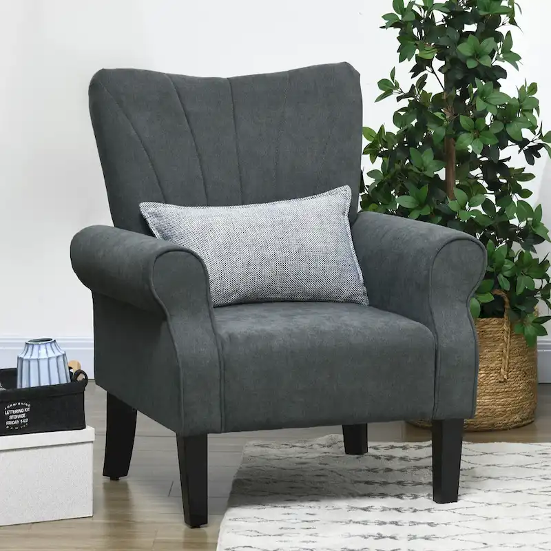 Dark Gray Modern 31.5 High Back Upholstered Arm Chair with Wood Legs