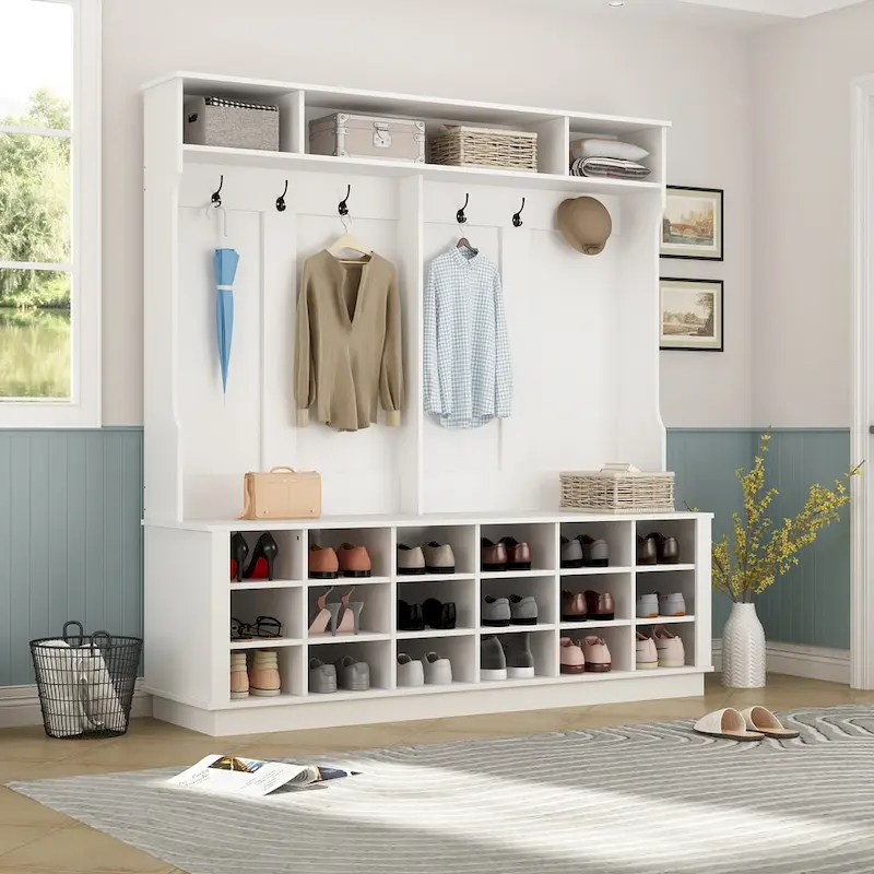 Large Hall Tree for Entryway Coat Rack Shoe Bench with Bottom Storage