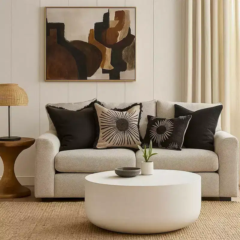 Royal Hampton 31 Inch Round Coffee Table, Modern Cement Frame, Off White