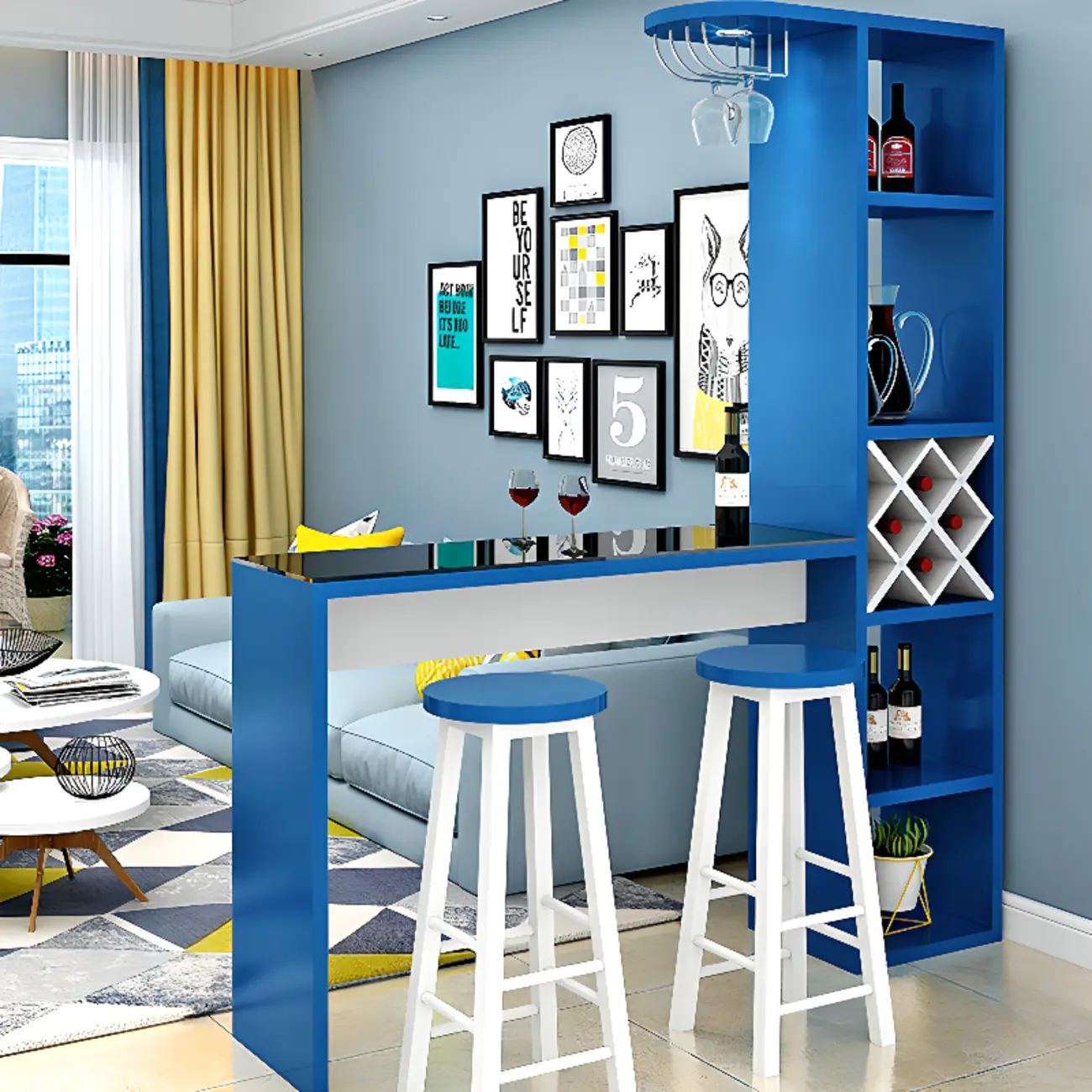 Smoke Tempered Glass Top Pub Table with Open Back Wine Shelf