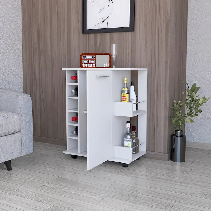 Woodland Bar Cart with Casters, Wine Rack and Open Shelf Black