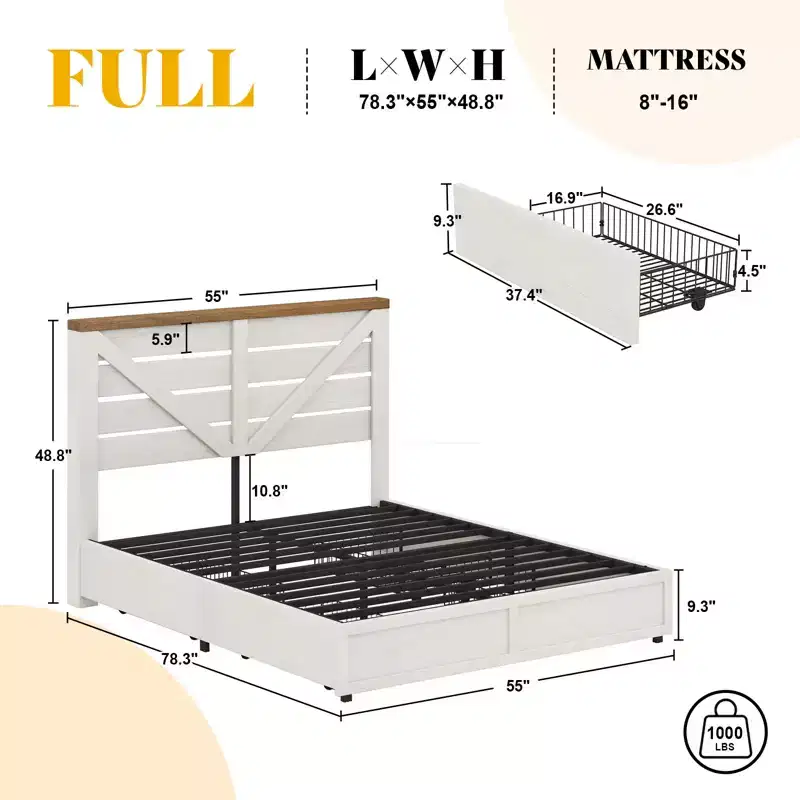 AMERLIFE Farmhouse Bed Frame with 4 Drawers and Headboard