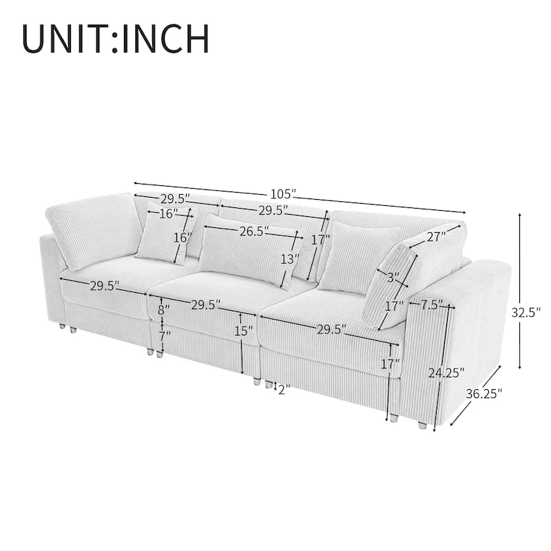 105  Sofa with Cushions and 5 Pillows
