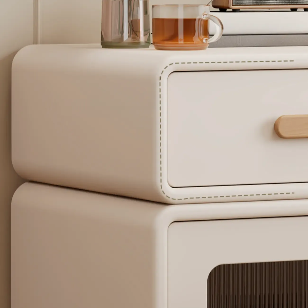 Durable Sleek Edge Wood Cream Bedside Cabinet Nightstand