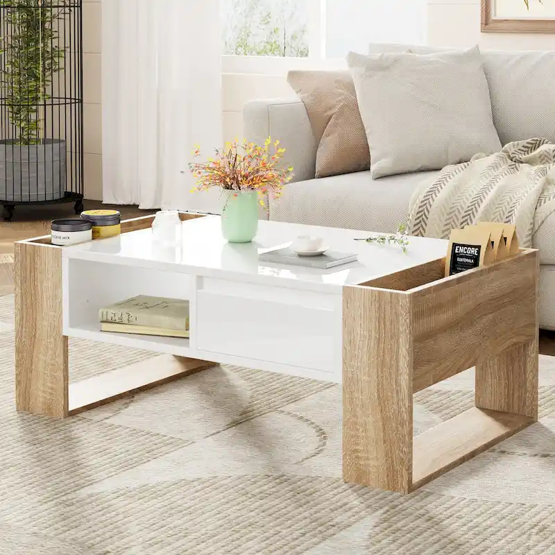Modern Coffee Table, Two-Tone Center Table with Open Storage Shelf and 2 Drawers, Suitable for Living Room, Bedroom