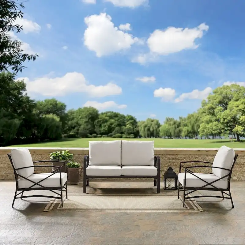 Crosley kaplan 3 pc outdoor seating set with oatmeal cushion - loveseat, two outdoor chairs - 137