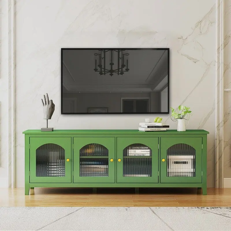 Antique Green TV Stand with Glass Doors and Storage Shelves