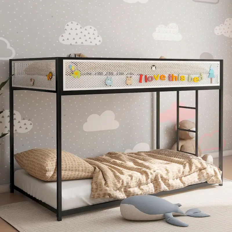 Black Twin-over-Twin Bunk Bed with White Mesh Guard Rail, Sleeps 2