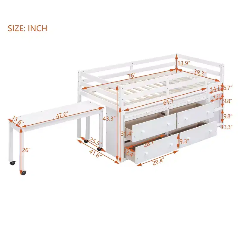 Luxystar Low Loft Bed with Desk, 4 Drawers and Bookcase
