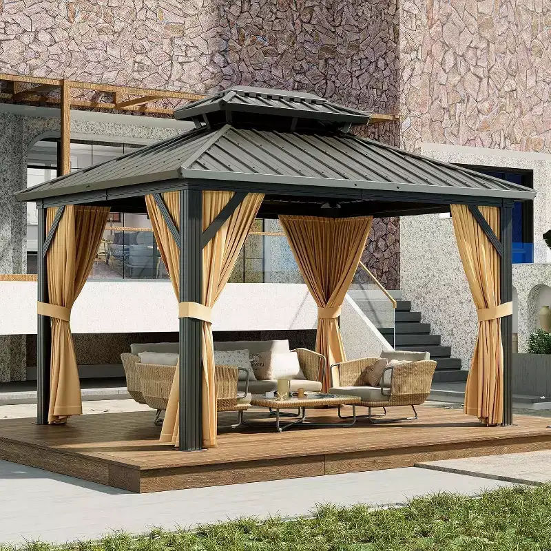 Heavy Duty Hardtop Gazebo, Galvanized Steel Double Roof Pavilion with Nettings & Curtains for Patio, Backyard, Party, Wedding & Outdoor Dining