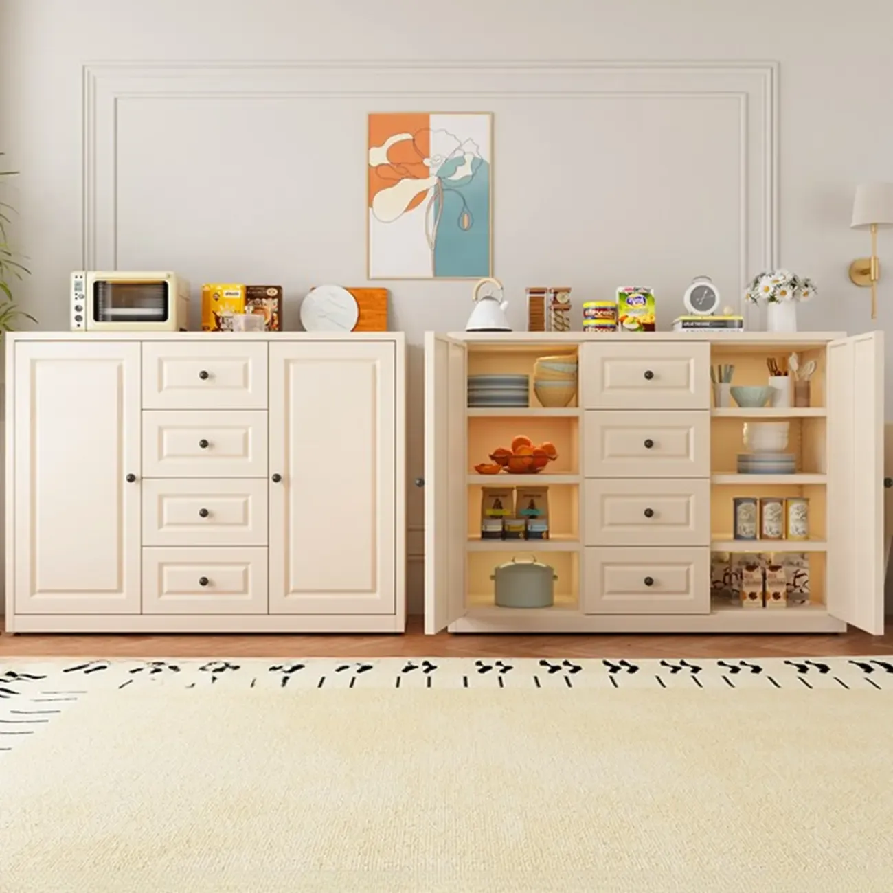 Narrow Metal White Buffet Cabinet with Drawer