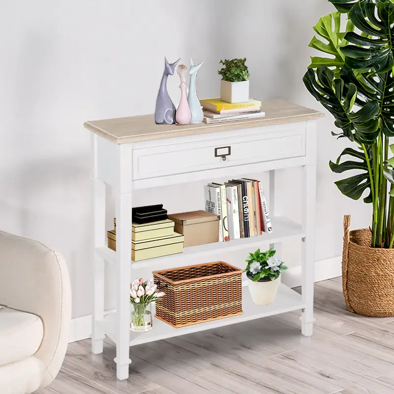 White / Grey Vintage Accent Side End Table with Drawer – 1 Person