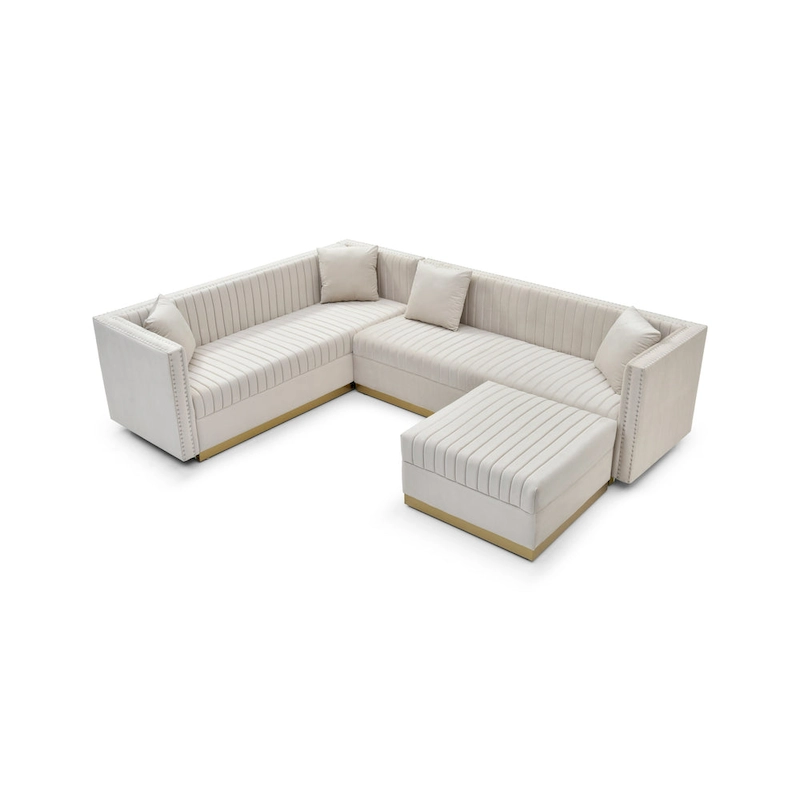 Beige Velvet Tufted L-Shaped Sectional Sofa with Ottoman and 4 Pillows