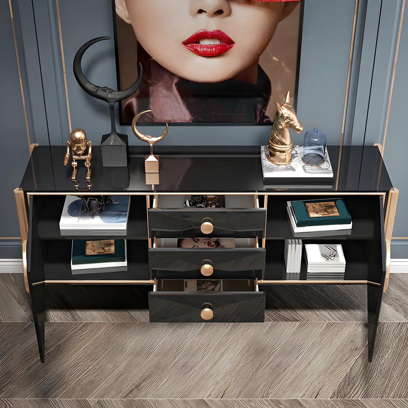 Modern Glossy Wooden Buffet Table with Drawers & Cabinets