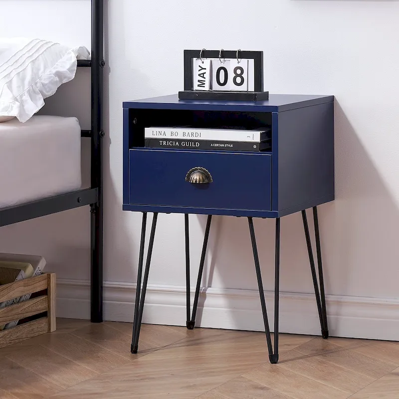Modern Mid Century 1-Drawer Hairpin Nightstands, Brown/Blue/Black/Yellow, Four Options
