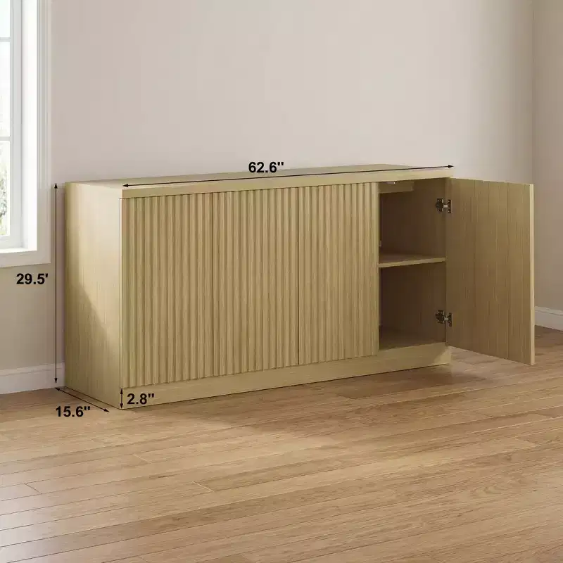 JVNOXK 62.60-inch Wooden Kitchen Coffee Bar with Four Doors and Four Shelves, Sideboard Storage Cabinet, Suitable for Living Room , Natural Finish