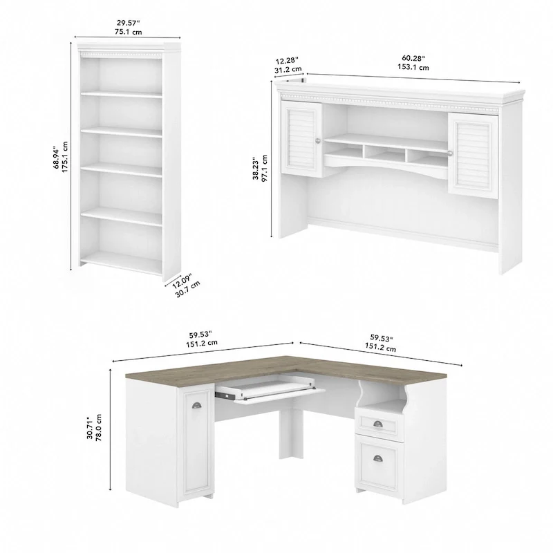 Fairview 60W L Shaped Desk with Hutch and Bookcase by